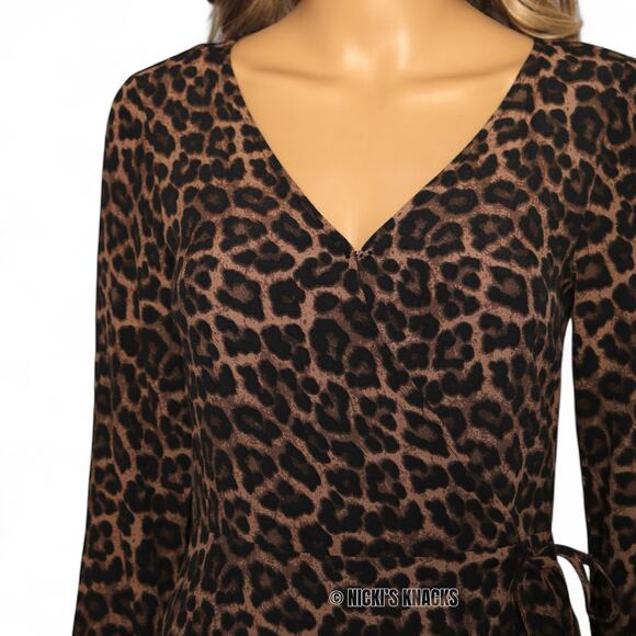 H&M Leopard Print Wrap Midi Dress Long Sleeve Textured Brown & Black Size 0 - Picture 3 of 9